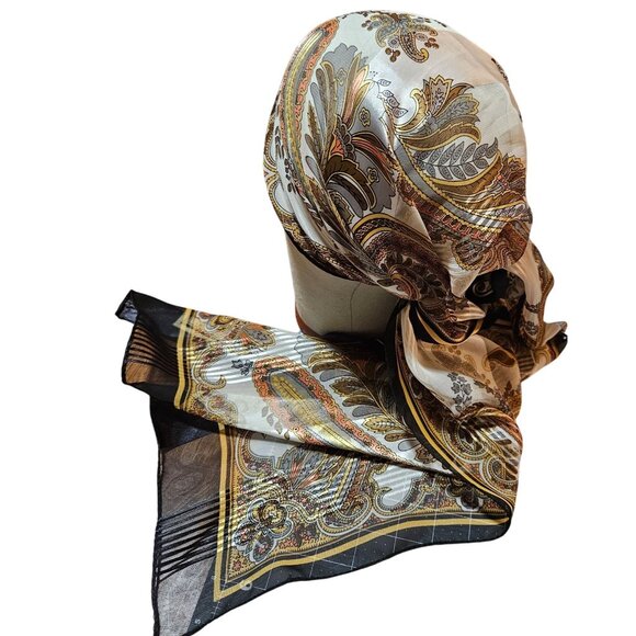 VTG Silk Blend Scarf head wrap Black Gold Paisley Boho Parisian Head Wrap - Picture 7 of 13
